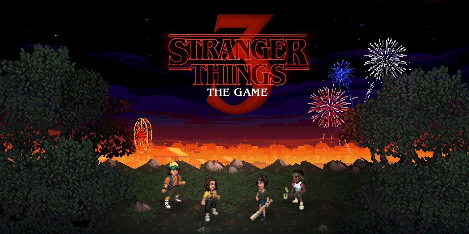 A promotional image featuring pixel art renditions of the Stranger Things cast