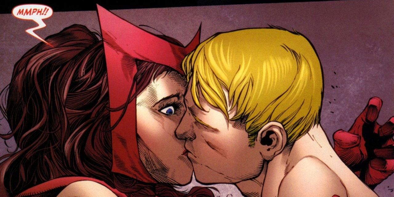 Marvel comics Hawkeye Kisses Scarlet Witch To Reveal Loki's treachery