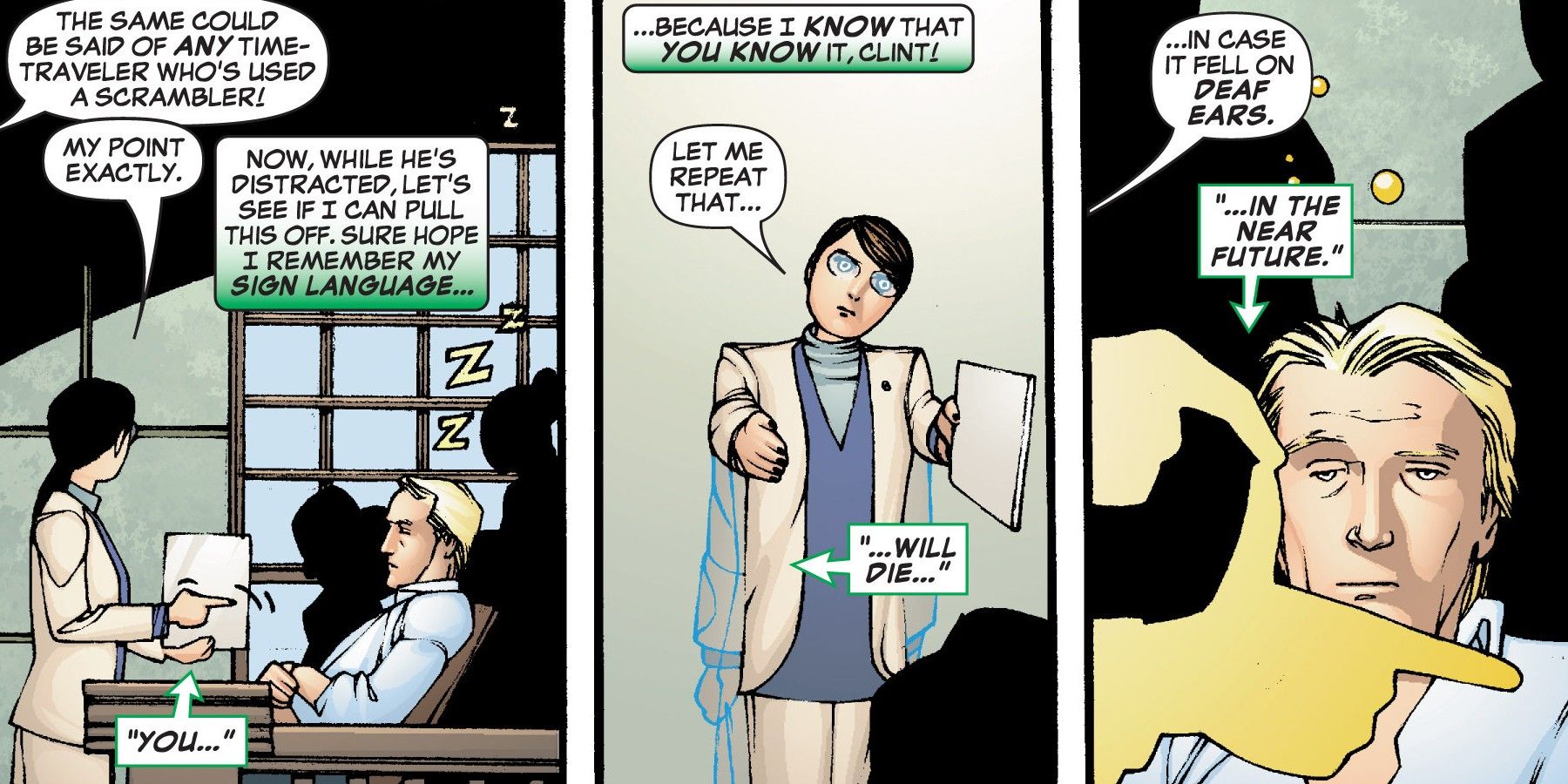 She-Hulk trying to warn Hawkeye of his death during a TVA trial in 2005's She-Hulk #2