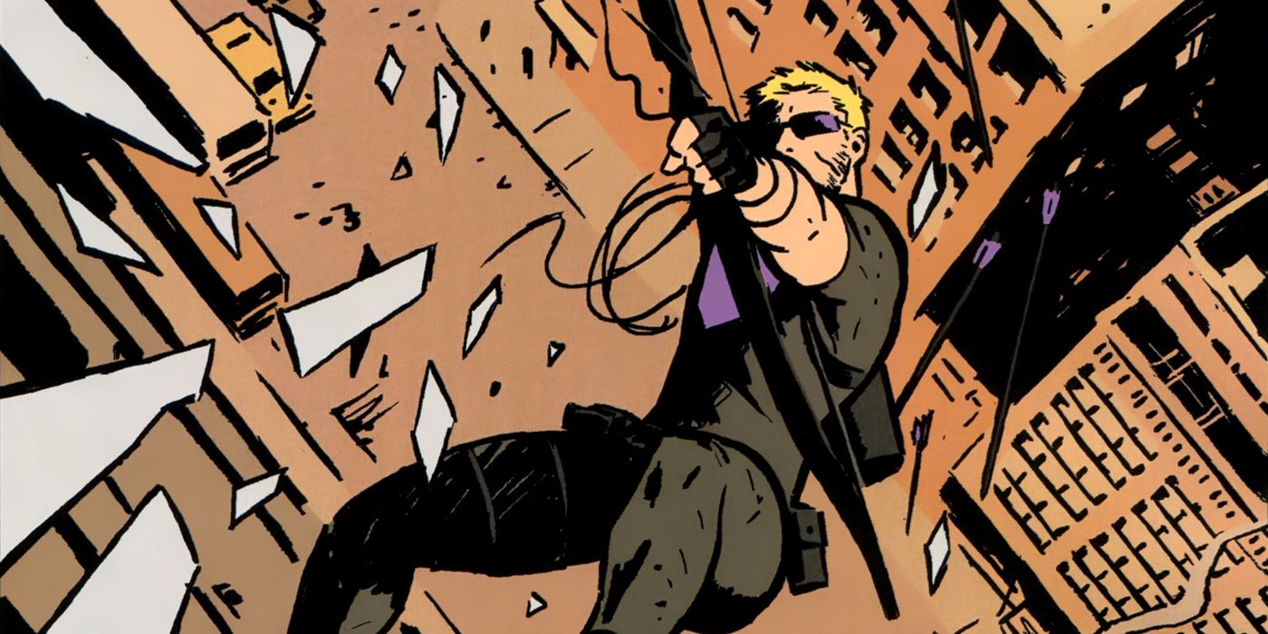 Hawkeye firing his bow while falling