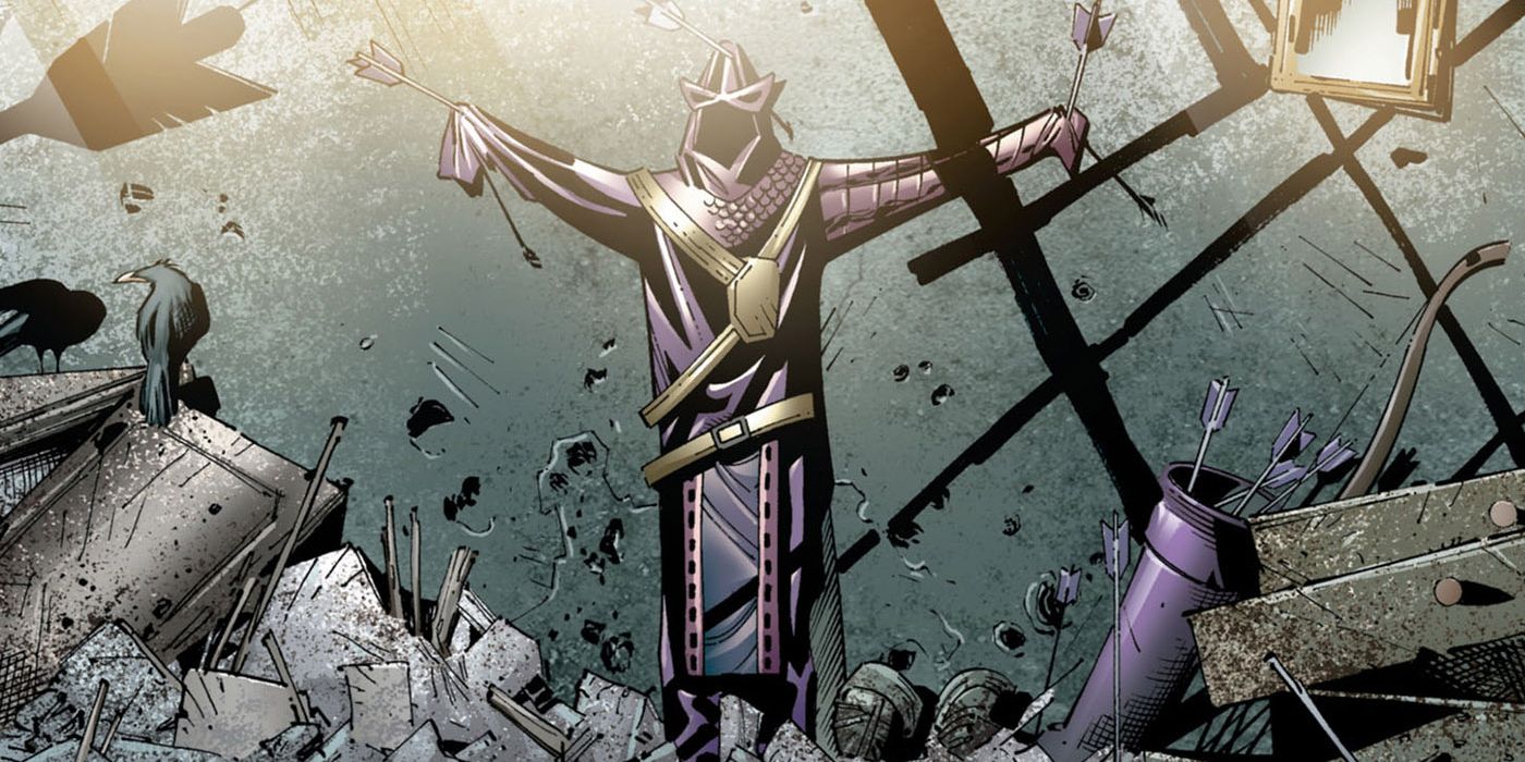 Hawkeye's costume on the wall after House of M