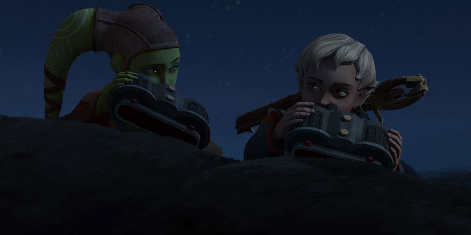 Hera and Omega hide behind a cliff and scout with binoculars in Star Wars The Bad Batch