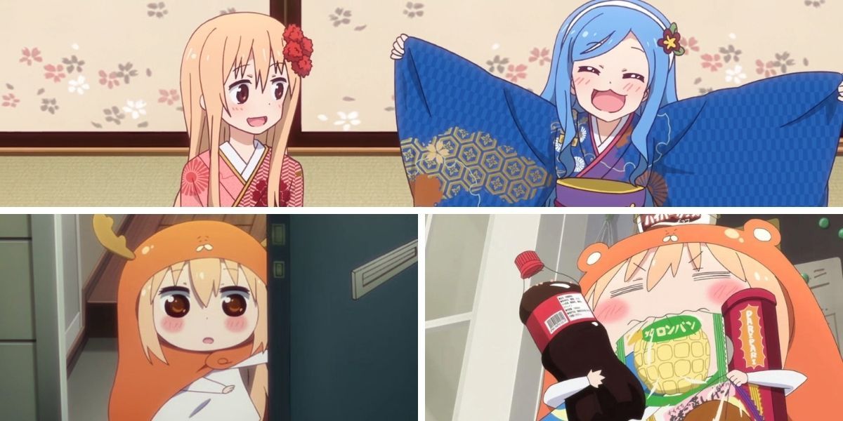 Top image features Umaru and Sylphineford in New Year's kimono; bottom left image features Umaru wearing reindeer antlers, bottom right image features Umaru with junk food