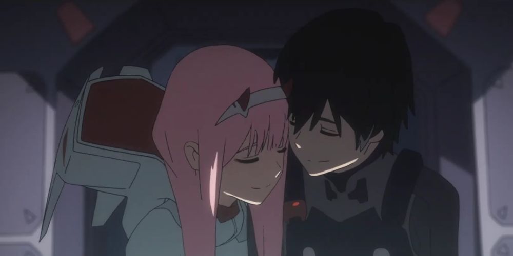 Hiro and Zero Two from Darling in the FranXX hugging