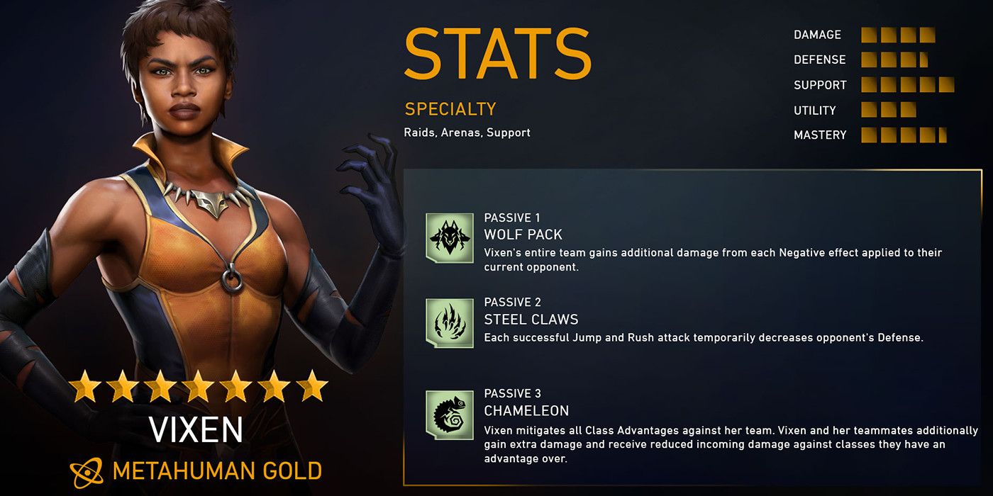 Vixen's stats from Injustice 2 Mobile.