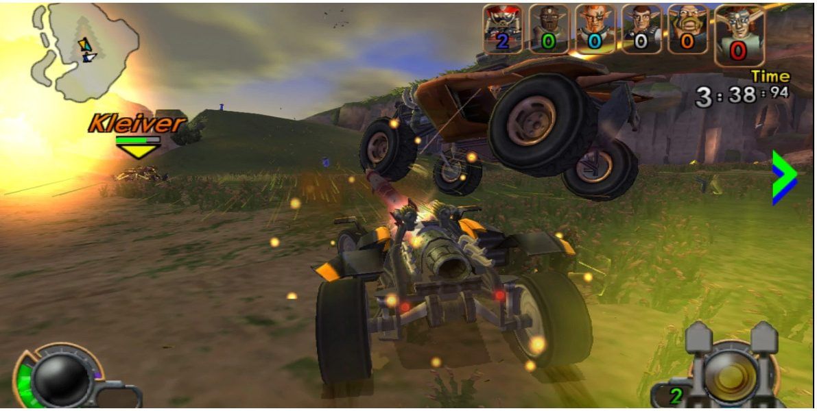 Um veículo da CPU sobrevoa o veículo do jogador em Jak X: Combat Racing.