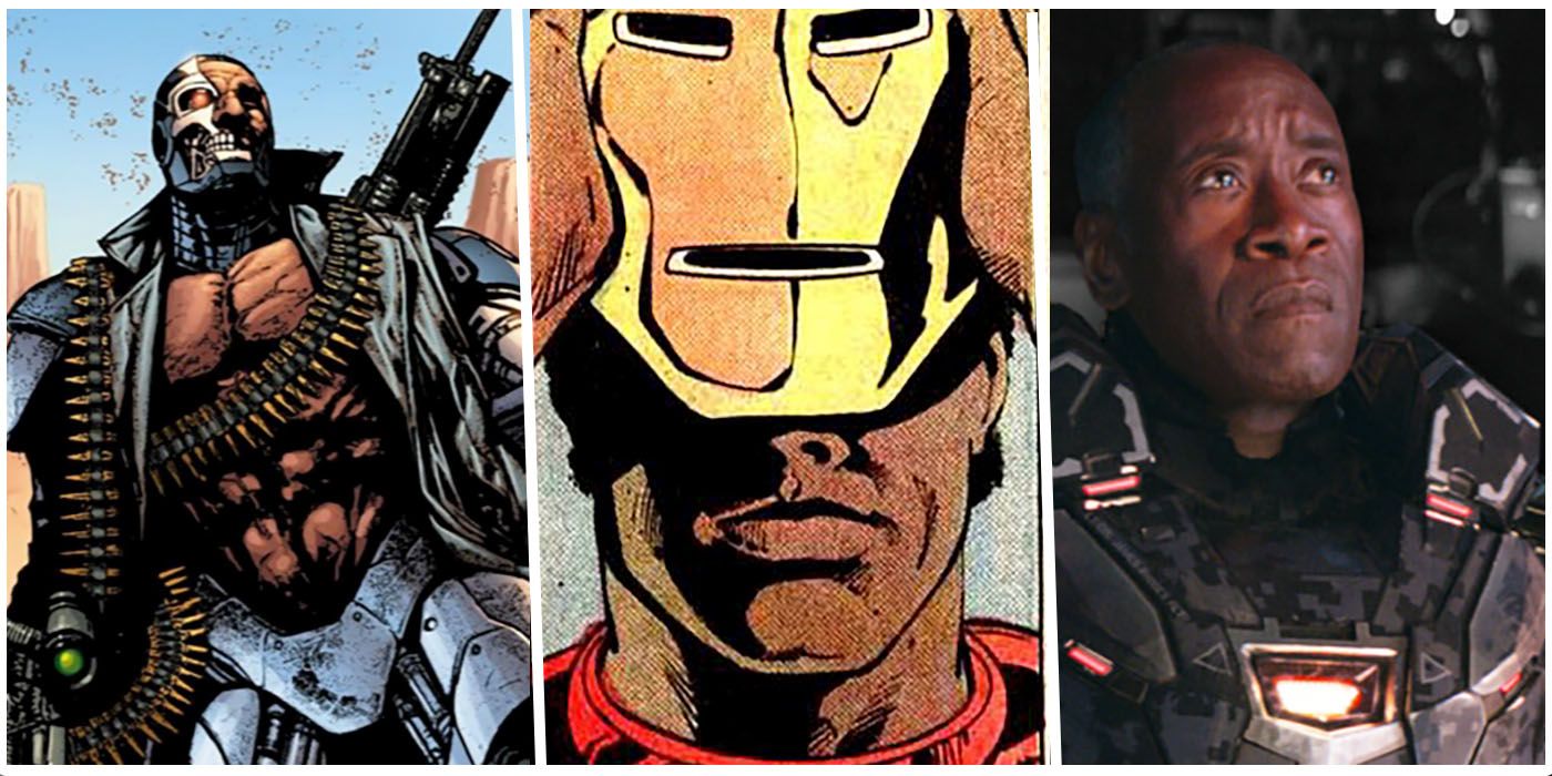 Three panels. The first one is a tall, black man with cybernetics covering part of his face. His lower half is in a mechanical suit and he's holding a heavy gun. The second is James Rhodes taking off the Iron Man helmet, half of his face visible under the yellow and red mask. The third is Don Cheadle as James Rhodes in the War Machine armored suit.