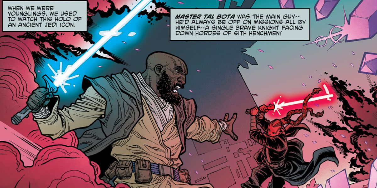 Jedi Master Tal Bota battles an unnamed Sith in a holovid Star Wars the High Republic. Two text blocks narrated by Farzala Tarabal explains that the stories depict Bota fighting off hordes of Sith on his own.