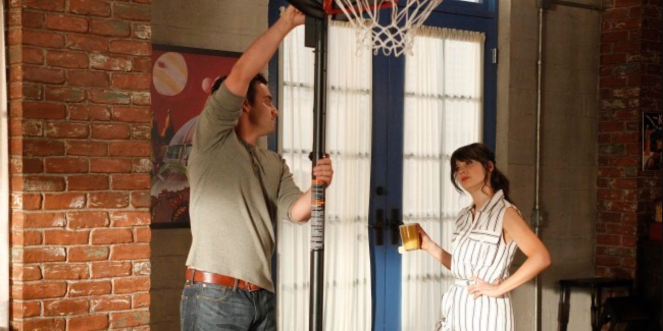 Jess watches Nick unfix the basketball hoop in New Girl episode Bells