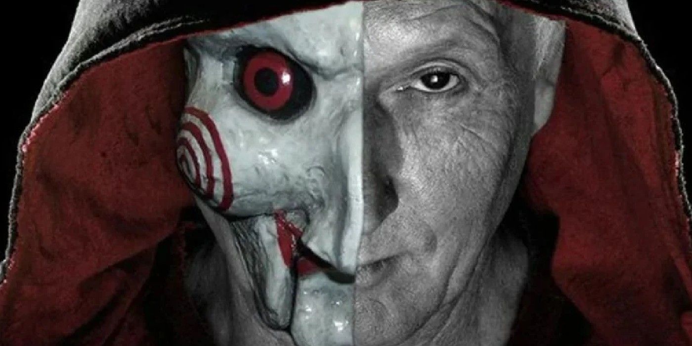 Tobin Bell as John Kramer wearing the mask of Jigsaw from the Saw franchise.