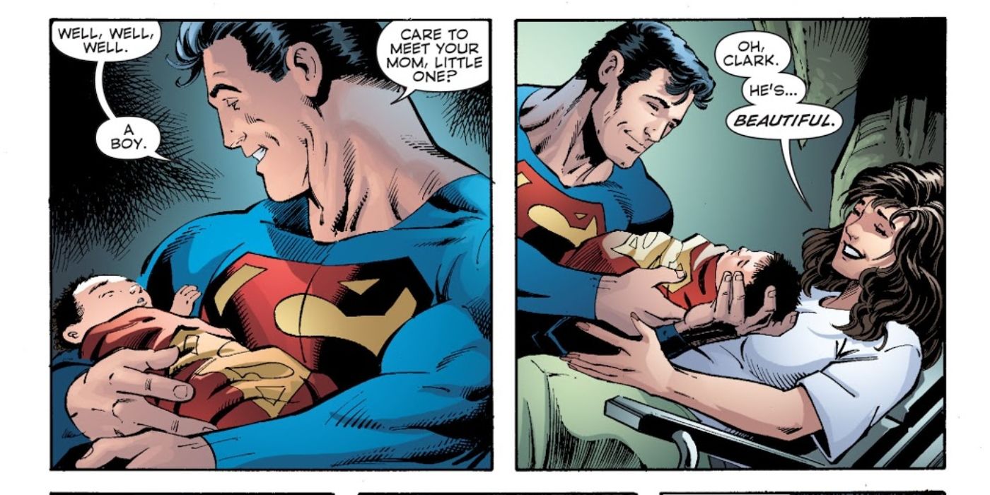 Superman holds his newborn son, Jon, in DC Comics