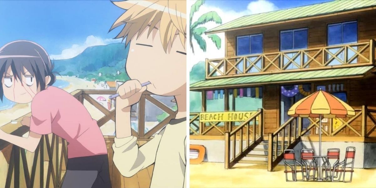 Left image features Misaki and Takumi; right image features the beach house from Kaicho wa Maid-sama!