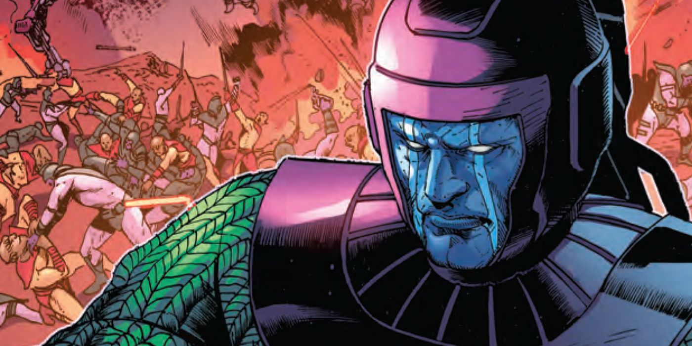 Kang the Conqueror with a war raging behind him in the cover of his new solo series.