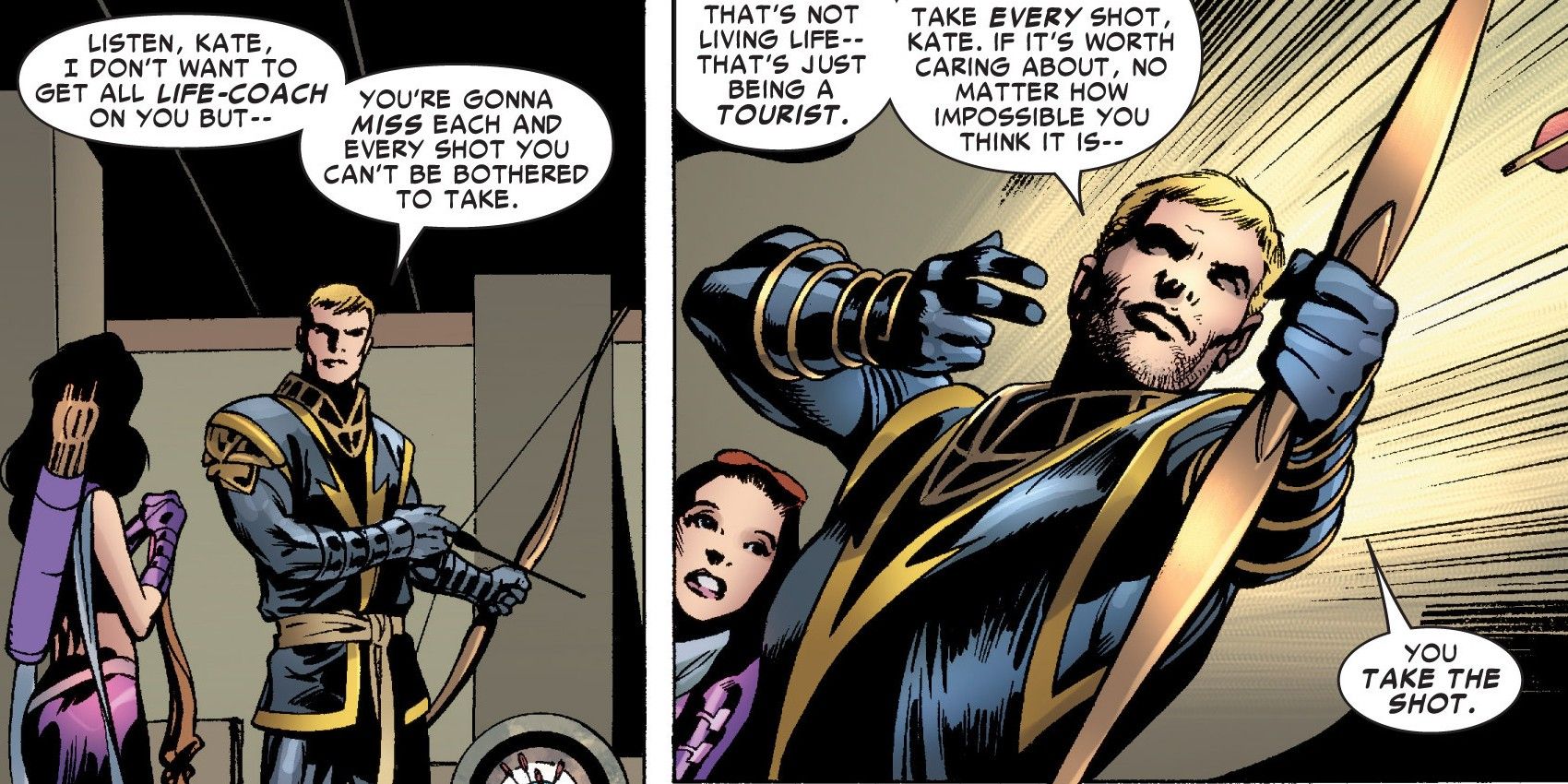 Clint Barton giving Kate Bishop life advice during their first meeting in 2008's Young Avengers Presents #6