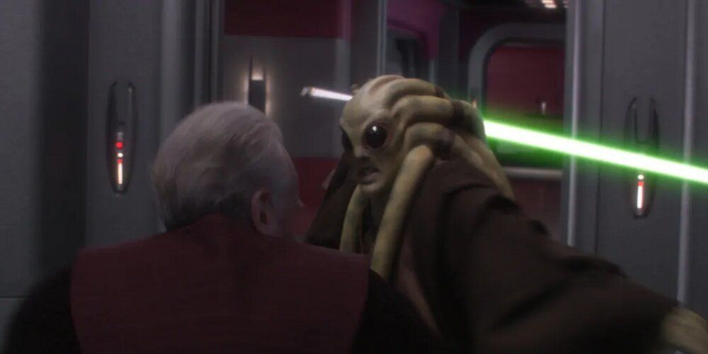 Kit Fisto raising his green lightsaber over Palpatine in Star Wars: Revenge of the Sith