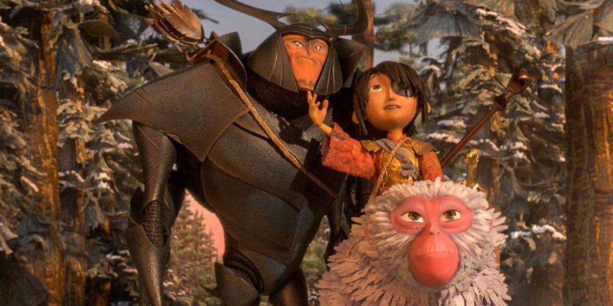 Kubo, Beetle and Monkey traveling through the woods in Kubo and the Two Strings