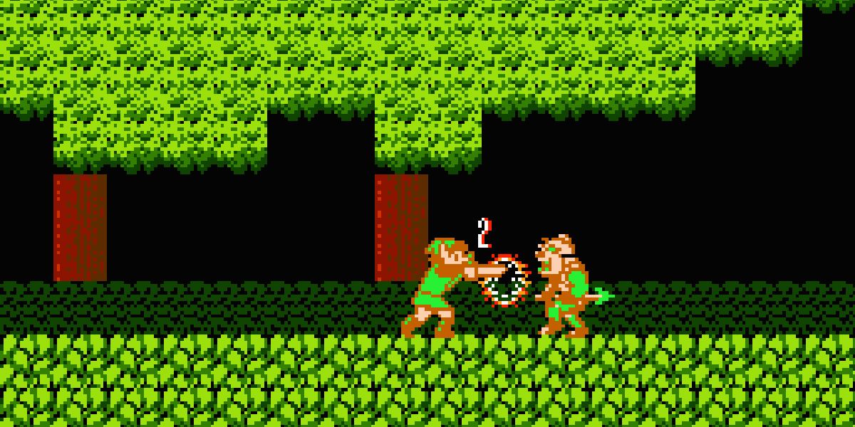 Link battles an enemy in the forest in Zelda II: The Adventure of Link