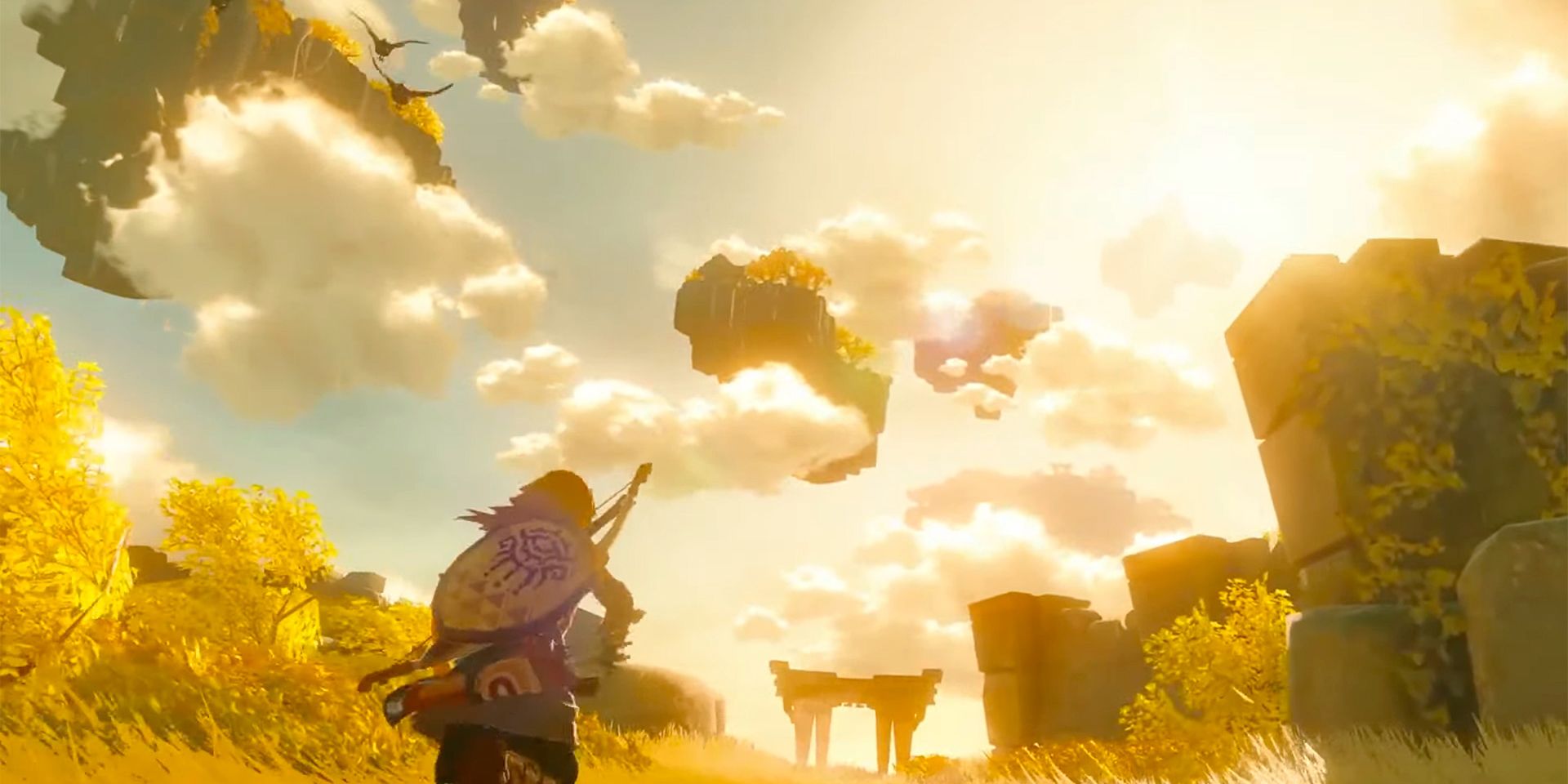 Link Running Through Hyrule With Floating Islands Above