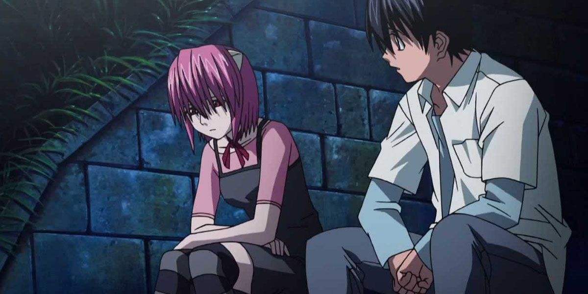 Lucy apologizes to Kouta in a bricked alcove in Elfen Lied.