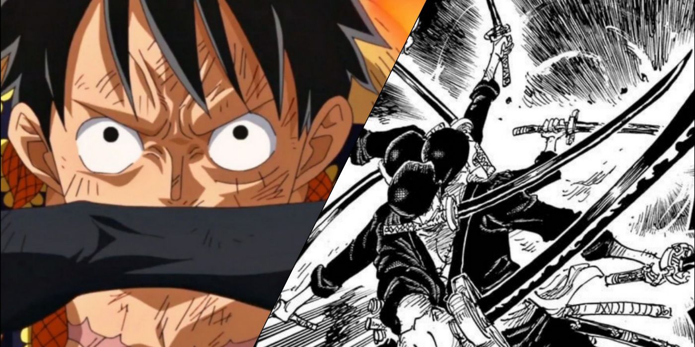 Split panel image showing Luffy and Zoro Using Haki in the anime and manga, respectively