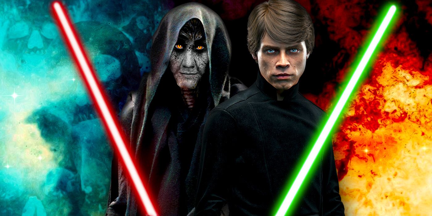 Digitally Rendered Versions of the Emperor and Luke Skywalker Side by Side Wielding Lightsabers