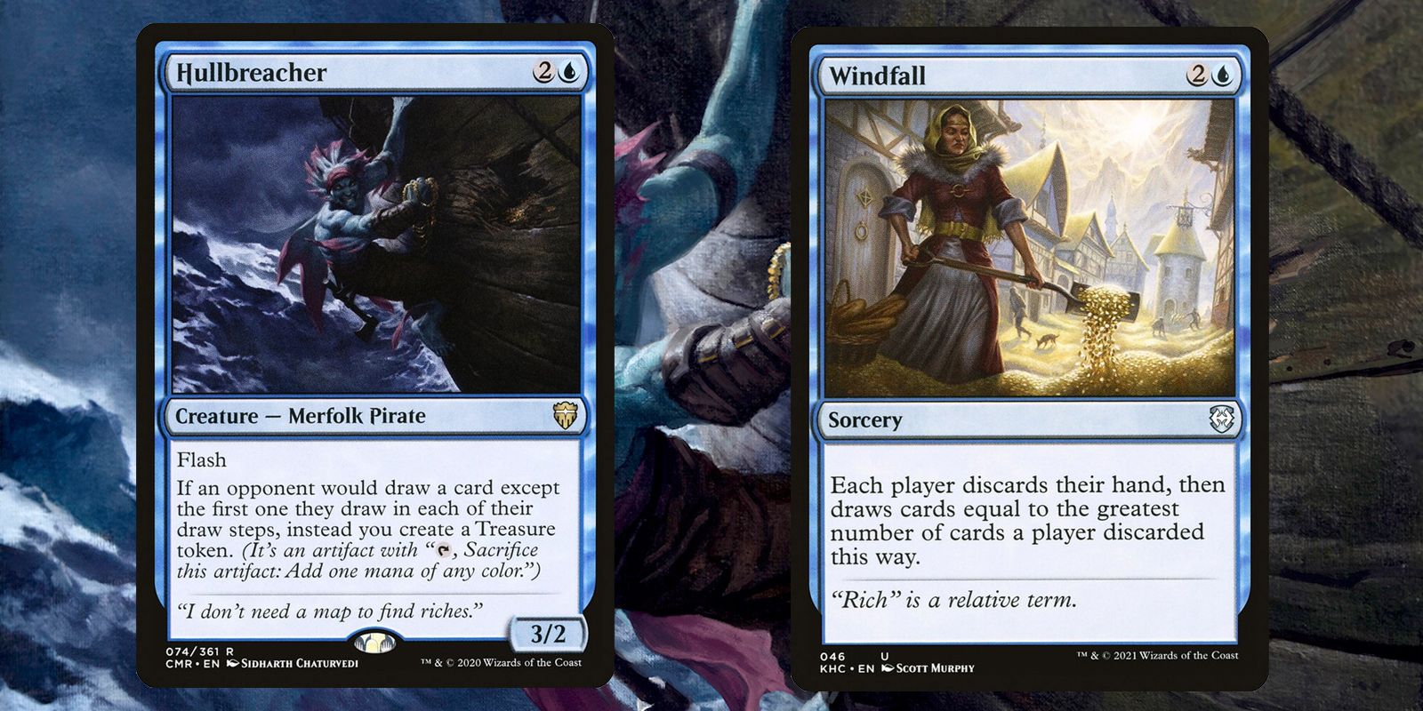 Two Magic: The Gathering cards — Hullbreacher and Windfall.