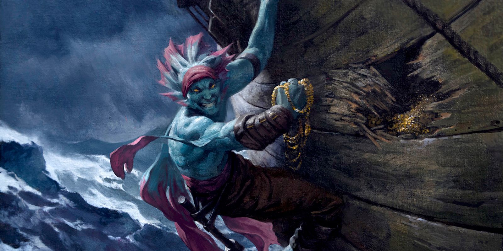 A Merfolk pirate reaching into the hull of a cracked ship to grab some gold.