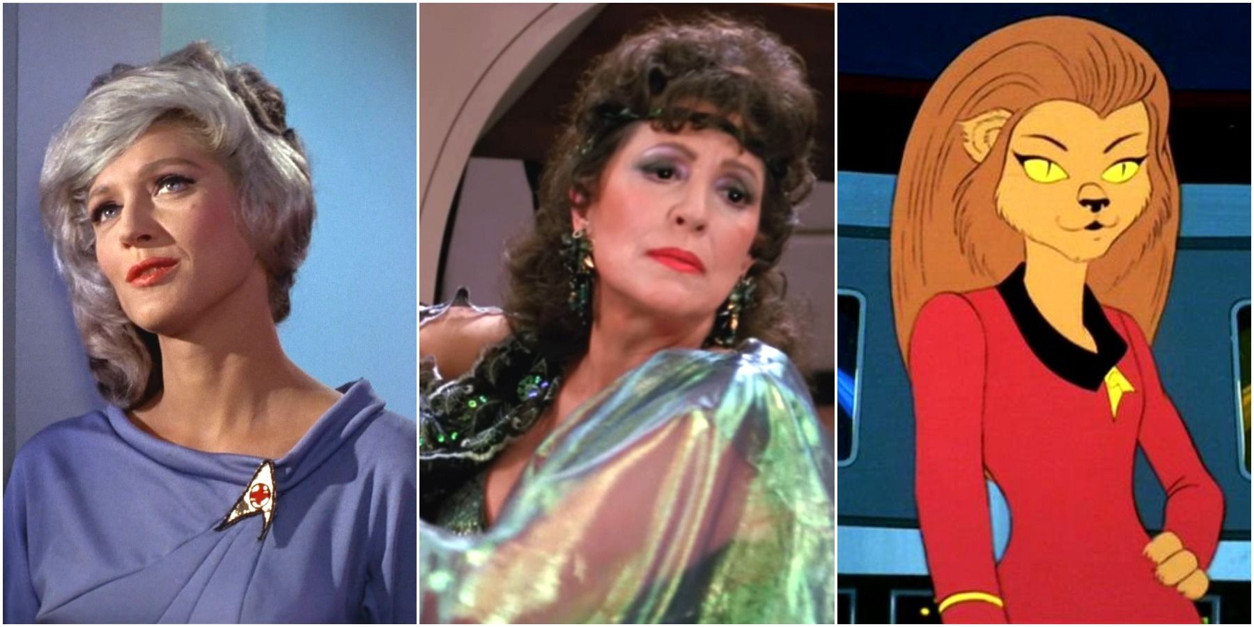 Majel Barrett as Christine Chapel in TOS, Lwaxana Troi in TNG and DS9, and an animated alien