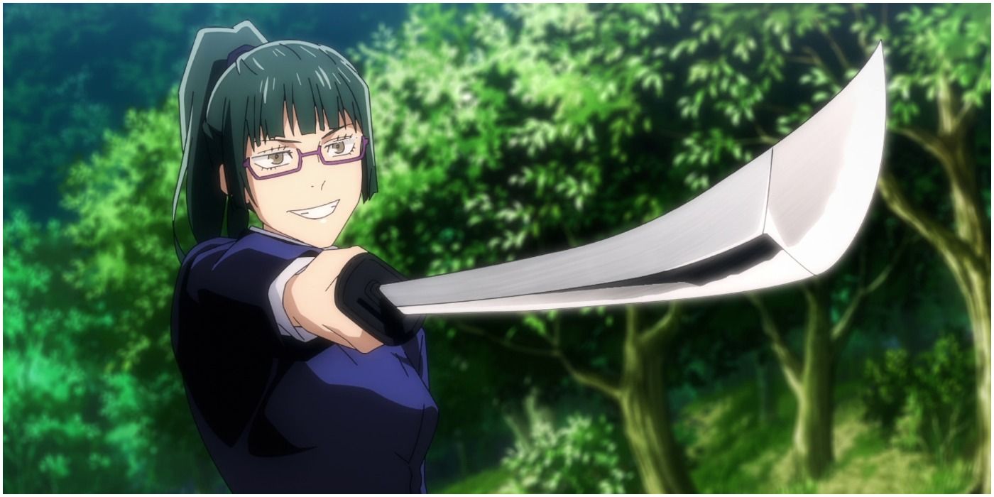 Maki points with sword and smirks in Jujutsu Kaisen.