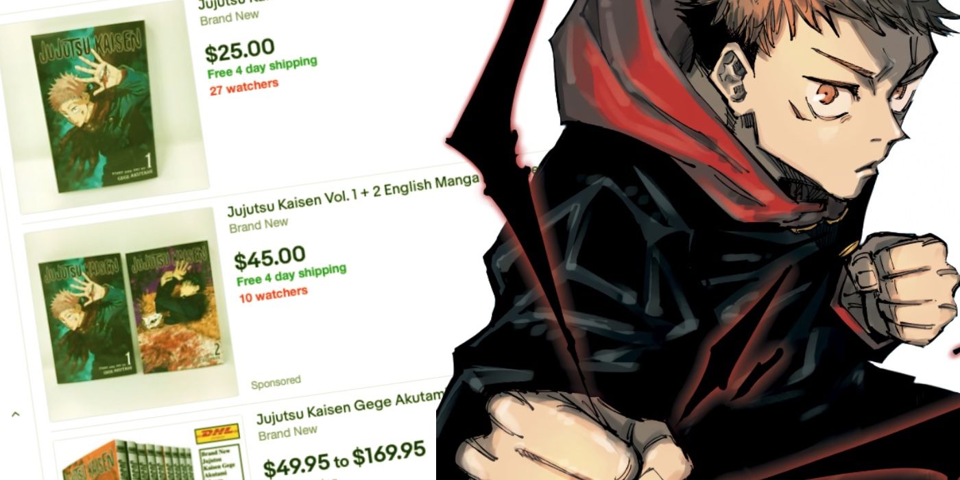 Jujutsu Kaisen's Yuji Itadori in front of an example of inflated eBay prices for manga