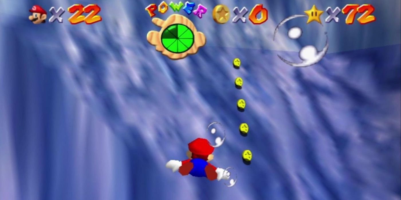 Mario swimming towards coins in the Dire, Dire Docks level from Super Mario 64