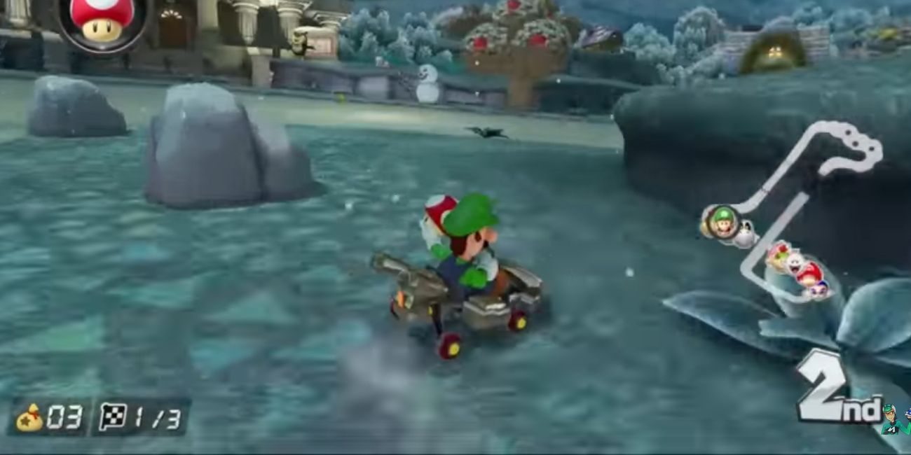 Luigi está pulando por um atalho em Mario Kart 8 Deluxe