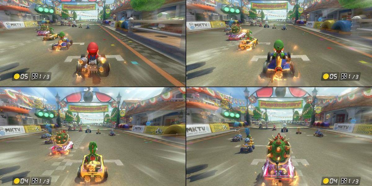 A corrida em tela dividida para quatro jogadores está começando em Mario Kart 8 Deluxe