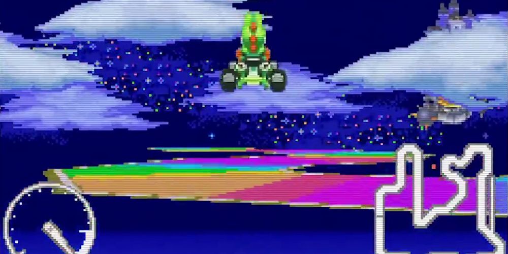 Yoshi usando um atalho na Rainbow Road do Mario Kart Super Circuit