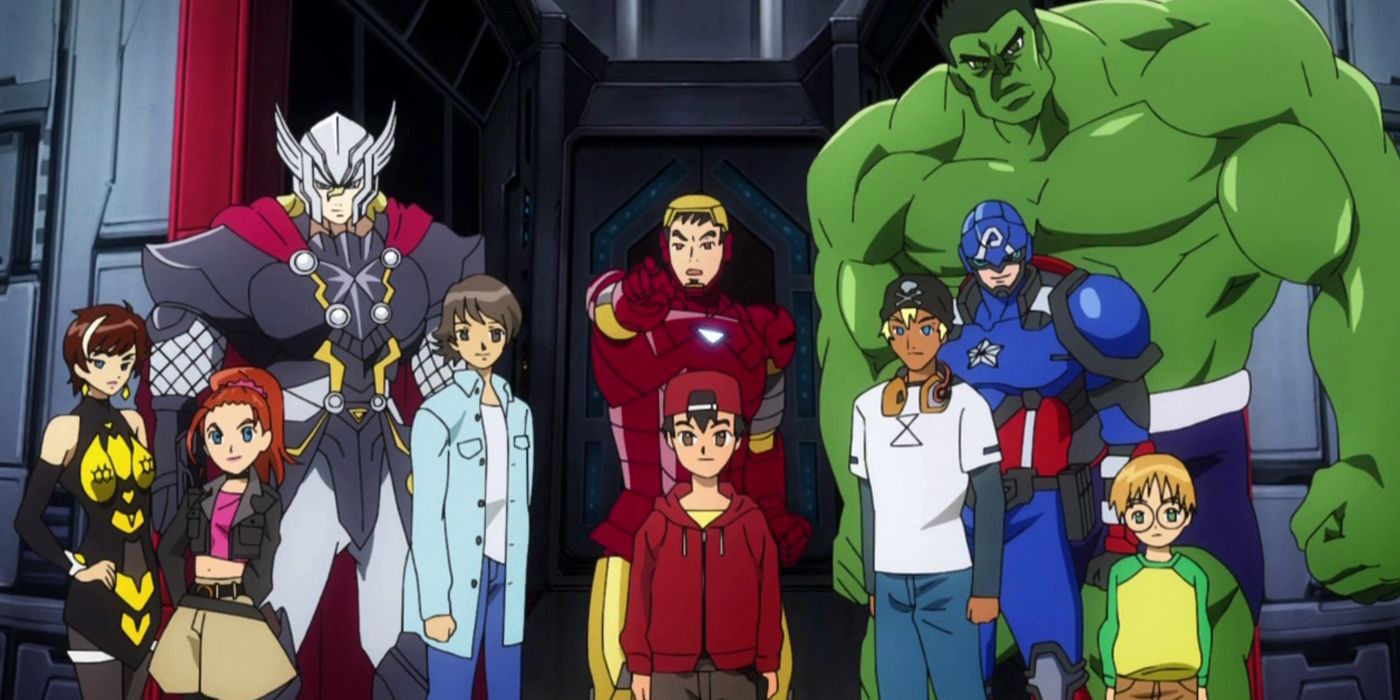 Marvel Disk Wars The Avengers Iron Man Wasp Hulk Thor and Captain America in anime form.