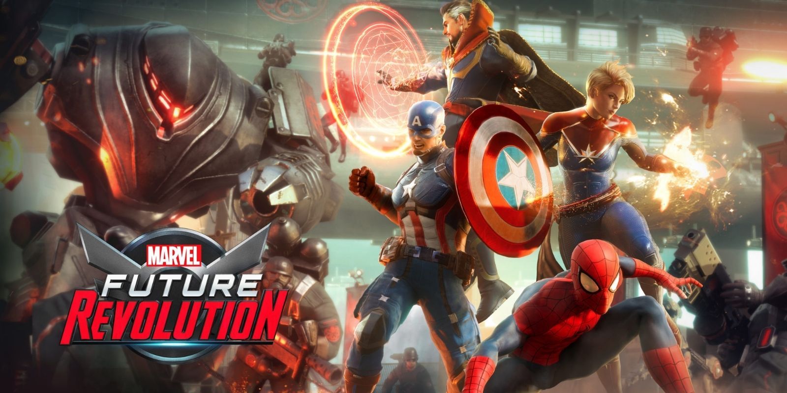 Spider-Man, Captain Marvel, Doctor Strange and Captain America fighting back against an army of Ultron bots in Marvel Future Revolution