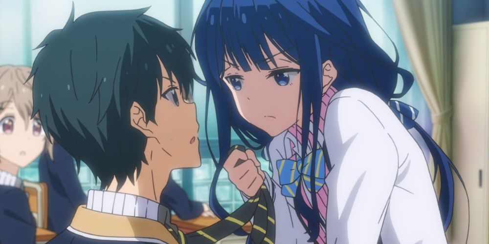 Aki grabs Masamune's tie as they glare at each other in Masamune-kun's Revenge