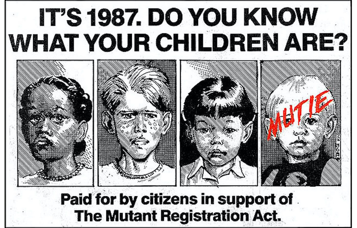The X-Men "Do You Know What Your Children Are" ad showing a lineup of kids with one labeled mutie