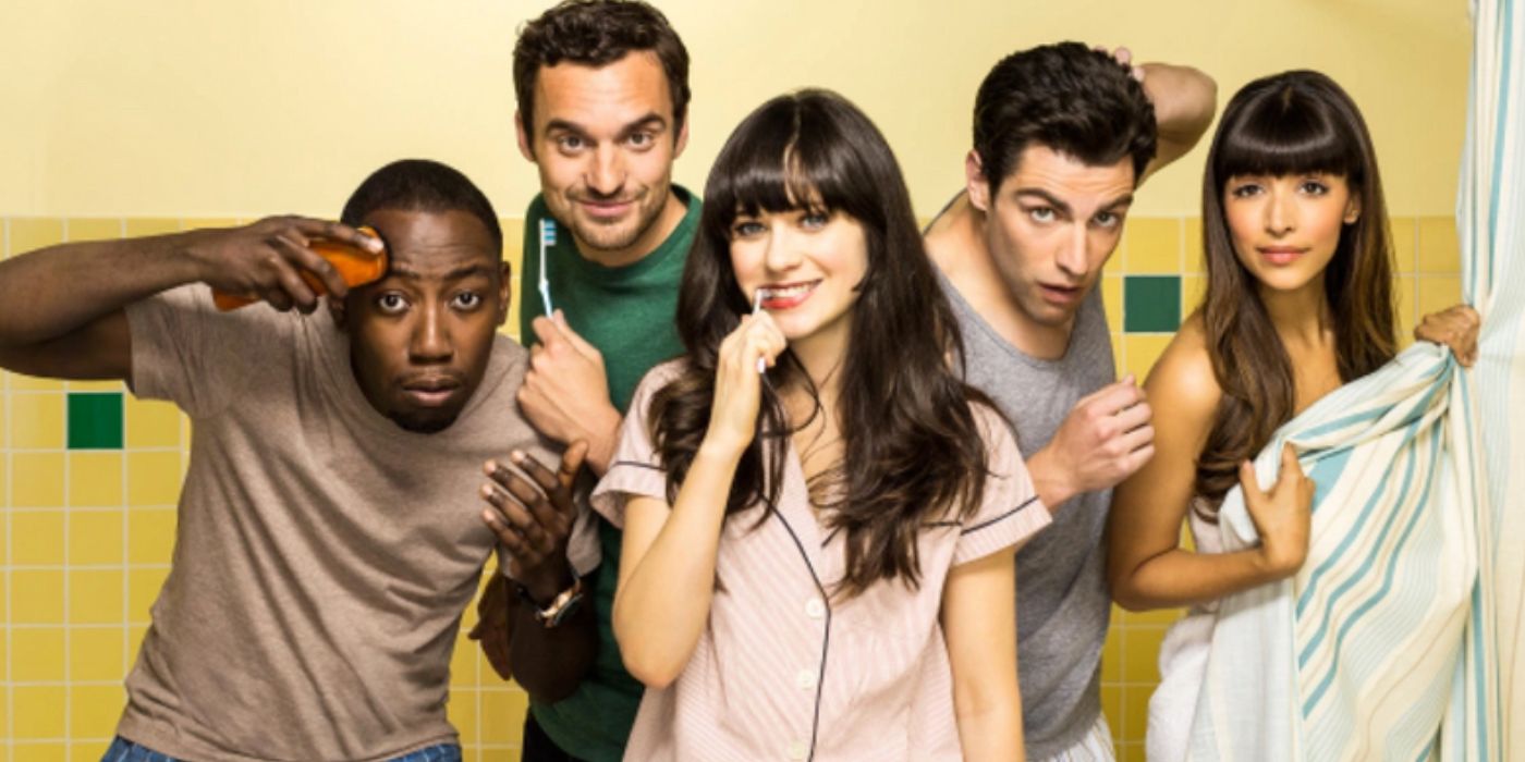 New Girl cast in a bathroom themed promotional image