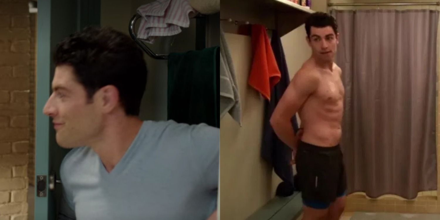 A side by side image of Schmidt in the bathroom at the towel bars and hooks in New Girl