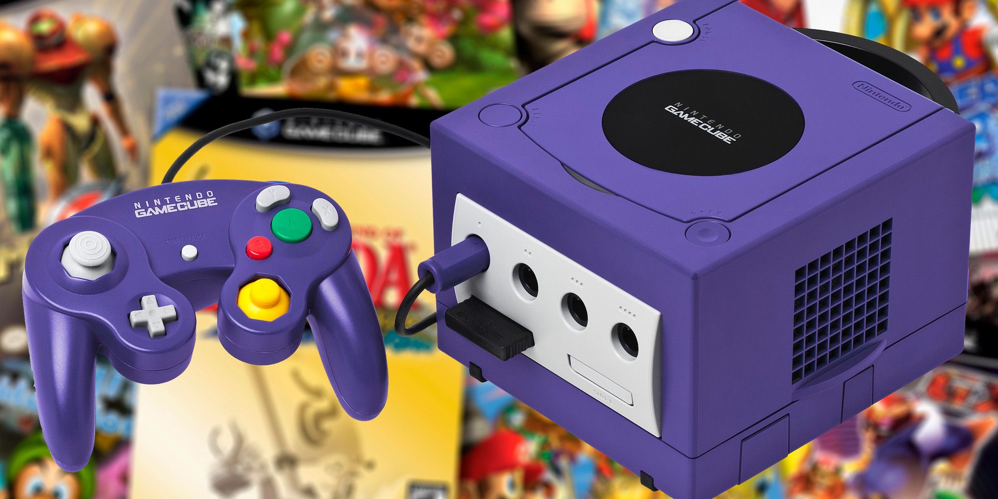 An image of a GameCube console and controller in front of a Nintendo background