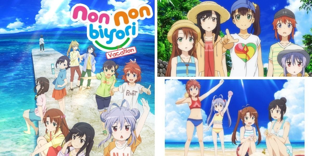 Left image features the promo image for Non Non Biyori: Vacation; top and bottom right images features Hotaru, Komari, Renge, and Natsumi