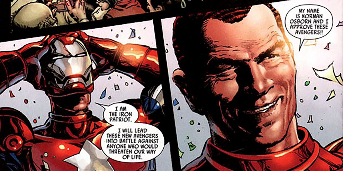 Two panels. In the first, a man takes off the helmet of a red white and blue iron man armor suit. Second panel is Norman osborn in the suit with the helmet off, announcing the Dark Avengers