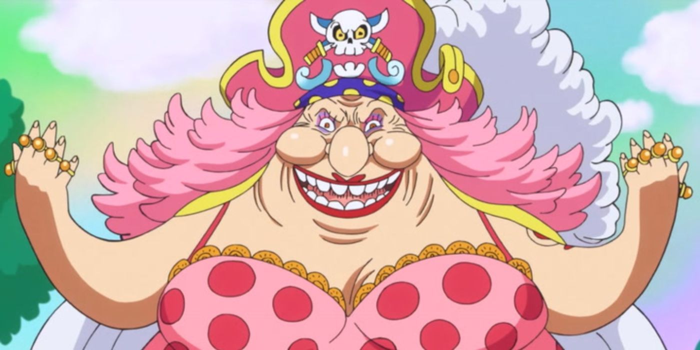 Big Mom fazendo um sorriso perturbador em Whole Cake Island em One Piece