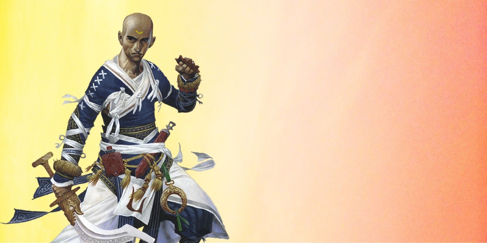 The Monk holding his sword and raising his fist in a battle stance