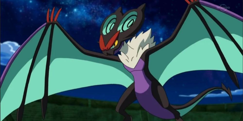 Ash's Noivern flying in the night sky in the Pokémon anime.