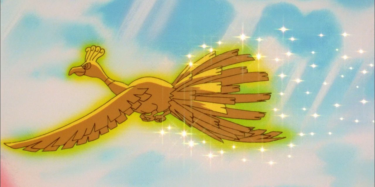 Ho-Oh flies past a rainbow in the Pokemon anime
