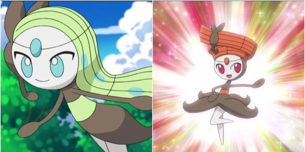 A split image of Meloetta's Aria and Pirouette Formes in Pokemon