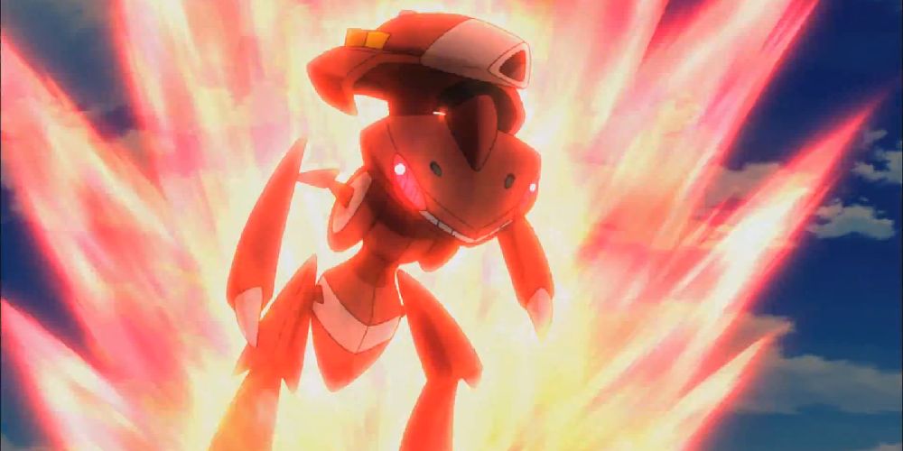 Red Genesect attacking the Pokémon anime.