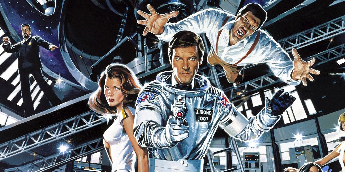 The poster for 1976's Moonraker with Roger Moore's James Bond holding a pistol in the center.